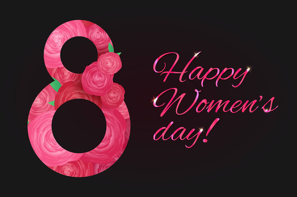 Οριζόντια ευχετήρια κάρτα 8 Μαρτίου - ημέρα γυναικών με ροζ τριαντάφυλλο λουλούδια σε σκούρο φόντο. Νούμερο 8 από λουλούδια. Διάνυσμα κάρτα για το σχέδιό σας. - Διάνυσμα, εικόνα