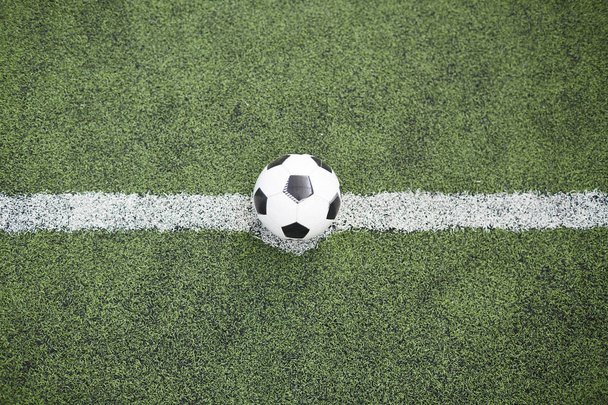 Přehled kulatého míče pro hrát fotbal uprostřed dělicí čáru na zelené louce - Fotografie, Obrázek