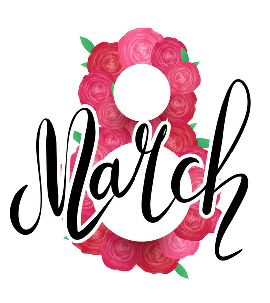 Greeting card with pink rose flowers and March lettering on white background. 8 march - womens day. Vector card for your design. - Διάνυσμα, εικόνα