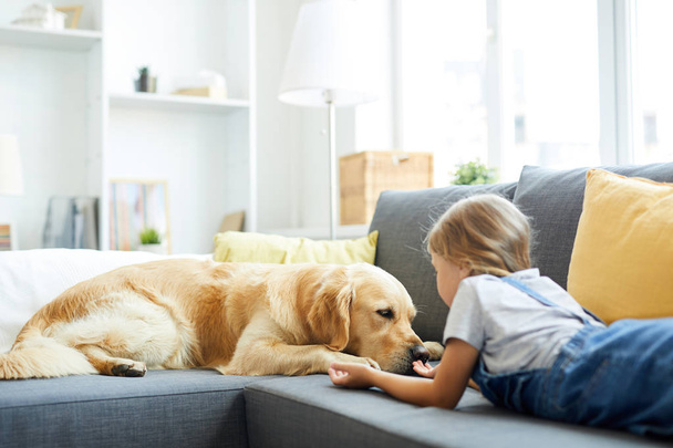 Petite fille allongée sur le canapé devant son animal de compagnie et essayant de jouer avec le chien
 - Photo, image