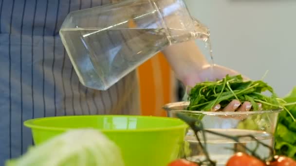 salad cook vegetarian healthy food wash arugula - Filmati, video