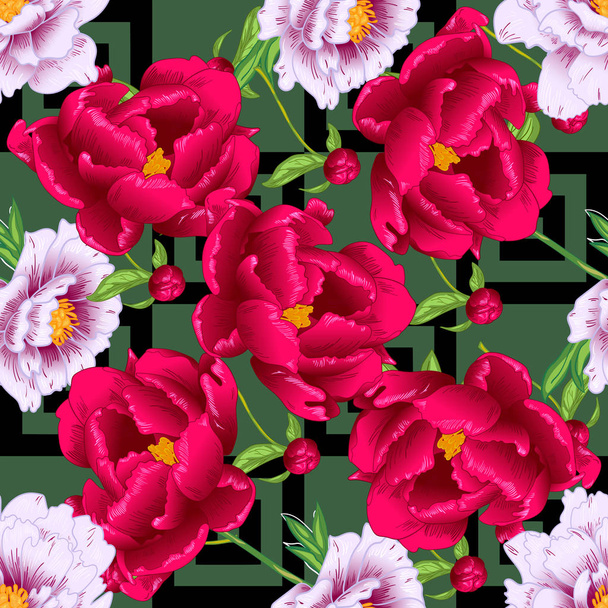 Vettoriale rosso e rosa peonia fiori botanici floreali. Incisione a inchiostro art. Modello di sfondo senza soluzione di continuità
. - Vettoriali, immagini
