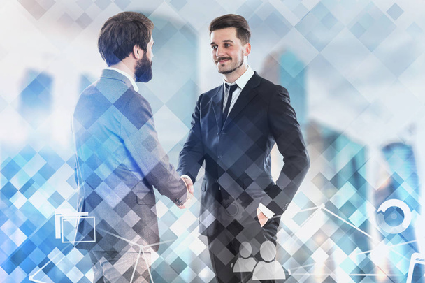 Businessmen shaking hands, internet icons - Φωτογραφία, εικόνα