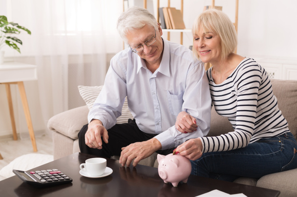 Elderly couple saving money in piggybank at home - Photo, Image