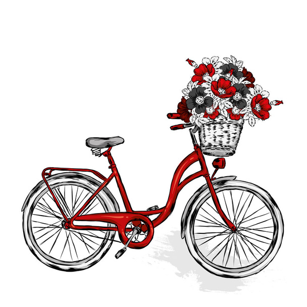 バラの花が付いているバスケットのビンテージ自転車ワイルド ローズと牡丹。グリーティング カードやポスターのベクトル図です。ヴィンテージやレトロ、手書きを印刷します。. - ベクター画像