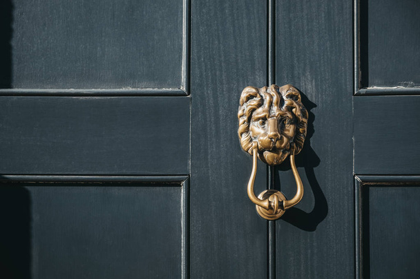 Κοντινό πλάνο του λιονταριού κεφάλι πόρτα ρόπτρο σε μια μαύρη πόρτα. - Φωτογραφία, εικόνα