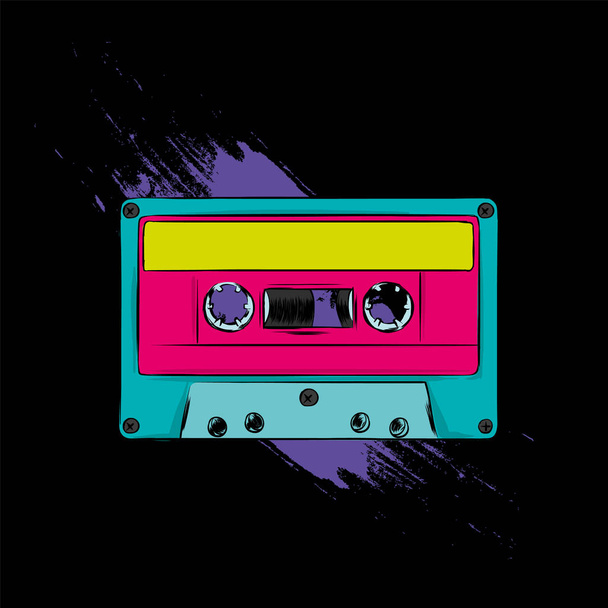 Bright colored poster in a Zine Culture style. Vintage audio cassette. New wave hits lettering quote. T-shirt composition, hand drawn style print. - Vetor, Imagem