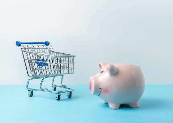 Piggy bank with shopping cart on blue table. Saving money concept. - Фото, зображення