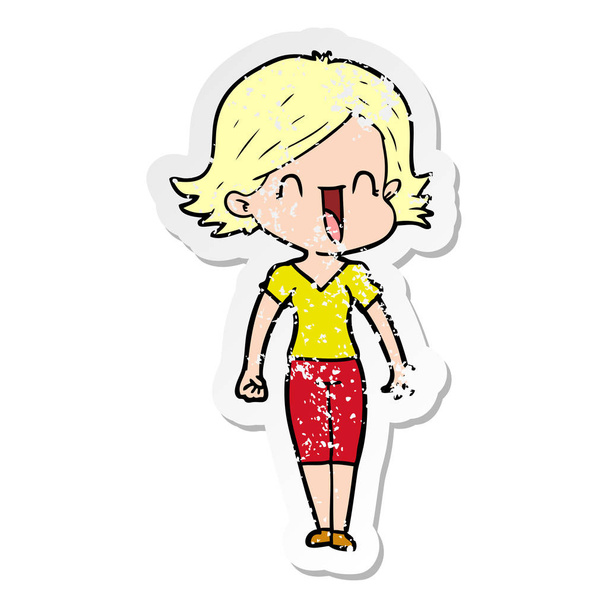 distressed sticker of a cartoon happy woman - Vector, Image