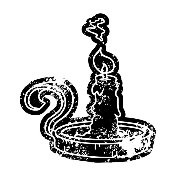 Grunge verstörte Ikone eines Kerzenhalters und brennender Kerze - Vektor, Bild