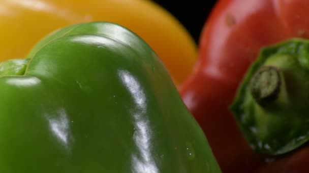 Poivrons naturels jaune, rouge et vert légumes gyrating sur fond noir
 - Séquence, vidéo