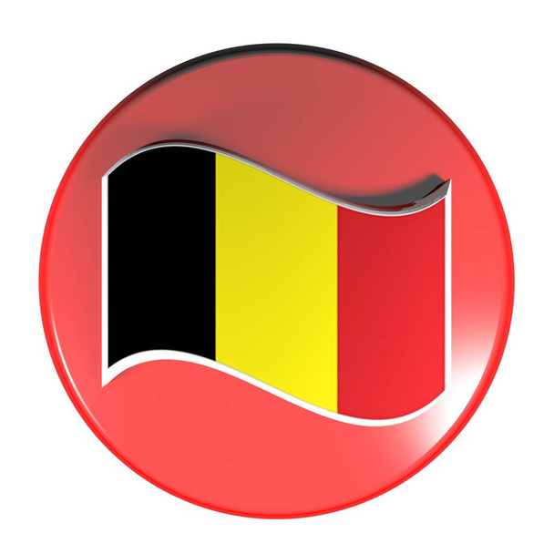 Przycisk czerwony okrąg, na białym tle, macha flagą Belgia - 3d renderowania ilustracji tle - Zdjęcie, obraz