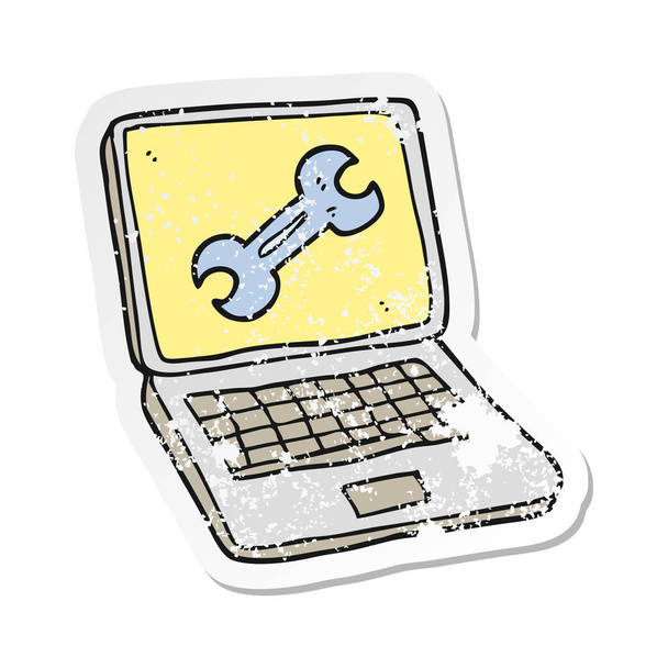 pegatina retro angustiado de un ordenador portátil de dibujos animados con fijar s
 - Vector, imagen