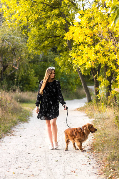 a girl in a black dress walks in the park with her red dog - Foto, afbeelding