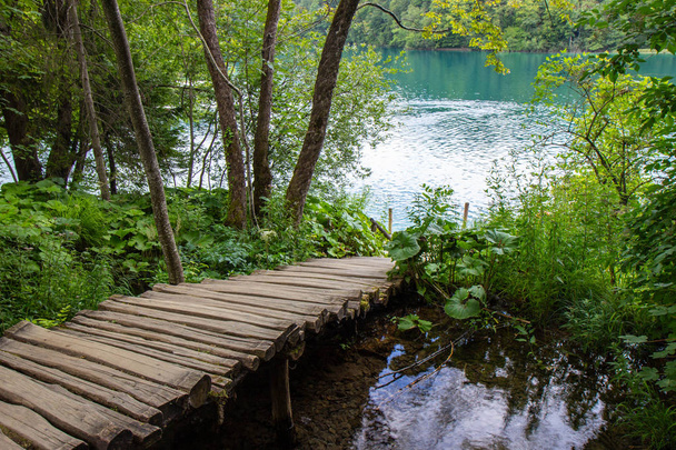 fából készült gyalogút a Plitvicei-tavak Nemzeti Park - Fotó, kép