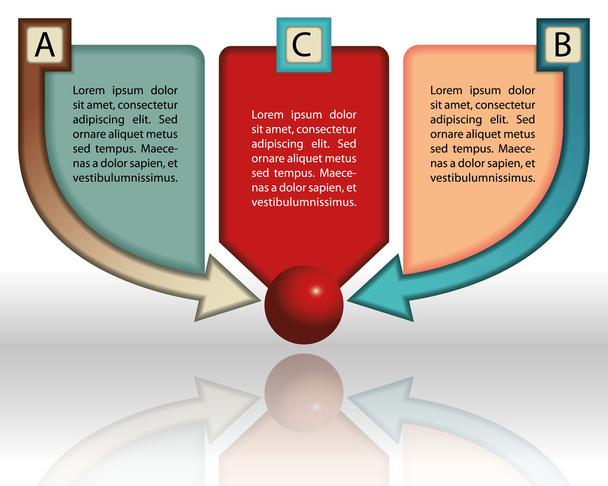 farbenfrohe Vorlage für Unternehmenspräsentationen mit drei Haupttafeln und Pfeilen, die in die Mitte zeigen - Vektor, Bild
