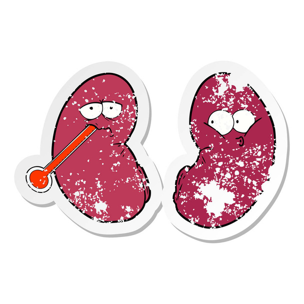 verontruste sticker van een cartoon ongezonde nier - Vector, afbeelding