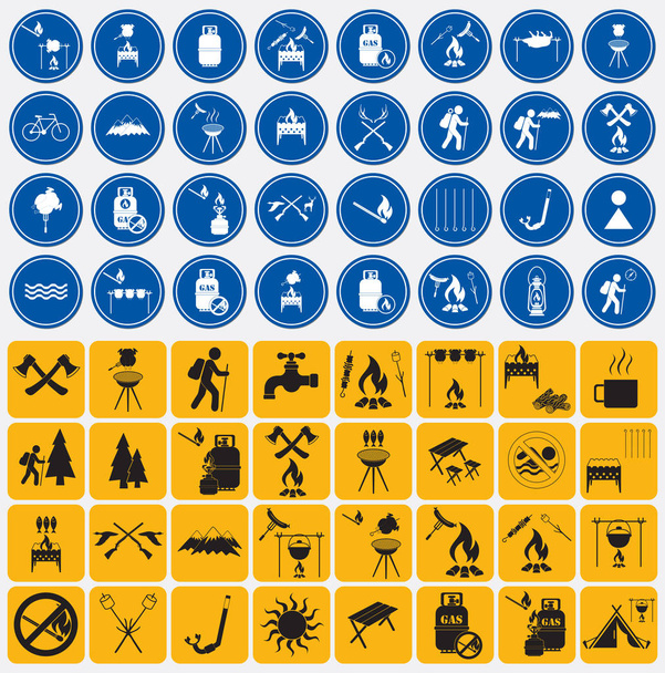 Aantal reizen en camping uitrusting pictogrammen - Vector, afbeelding