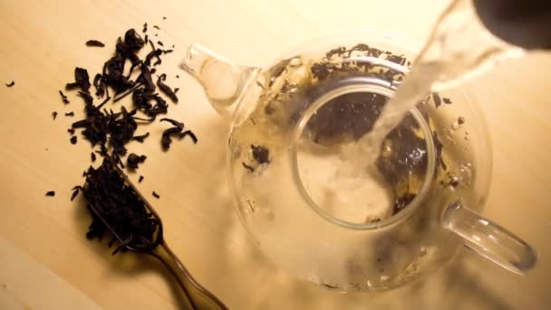 Вода наливается в чайник с зеленым чаем внутри
 - Кадры, видео
