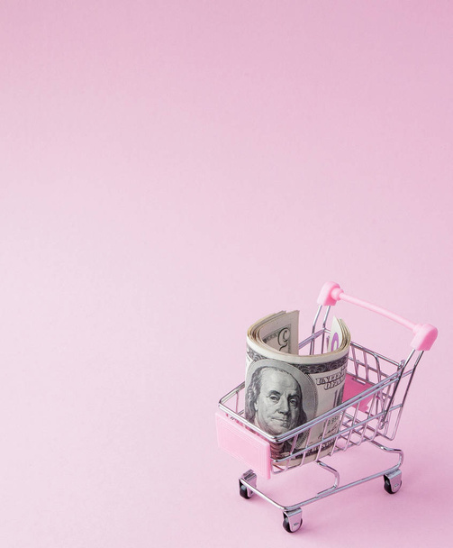Supermarket Cart Full of US Dollar banknotes on a pink background with Copy Space. Free trade. money market. Minimalism style. Shop trolley at supermarket. Sale, discount - Photo, Image