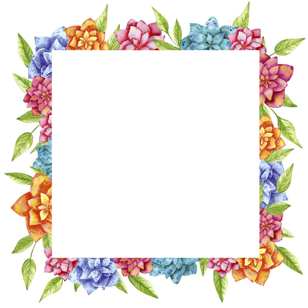 Bright colorful frame made of exotic tropical fantasy Dahlia flowers in pink, blue, purple, yellow colors with leaves. Hand drawn watercolor illustration. - Photo, image