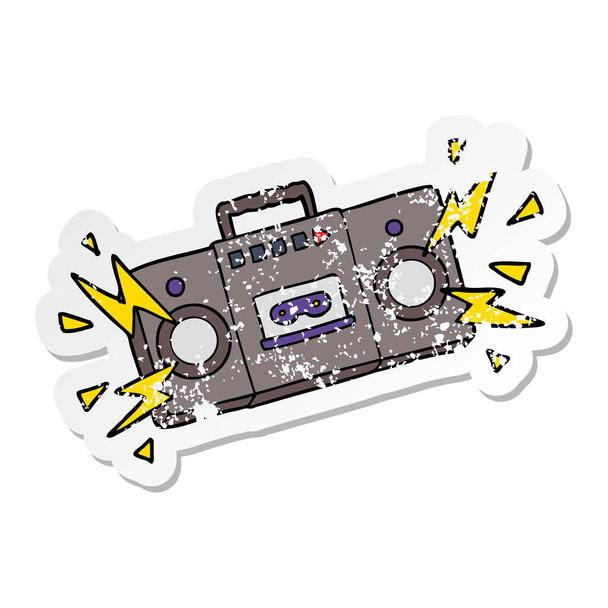 distressed sticker of a retro cartoon tape cassette player blasting out old rock tunes - ベクター画像
