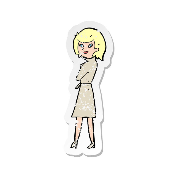 etiqueta angustiada retro de uma mulher dos desenhos animados no revestimento da trincheira
 - Vetor, Imagem