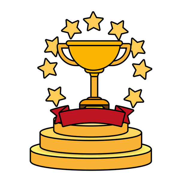 Trophy cup wit stars and ribbon banner on podium - Vector, Image