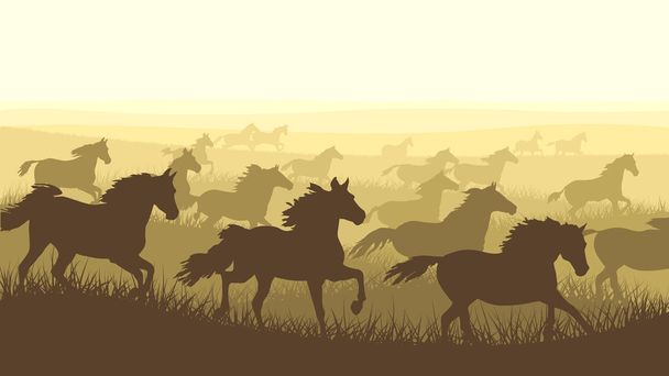Horizontal illustration herd of horses. - Vector, Image