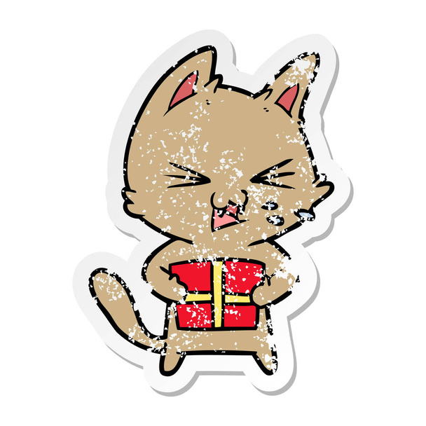 мучительный наклейка мультяшного шипящего кота с рождественским прессом
 - Вектор,изображение