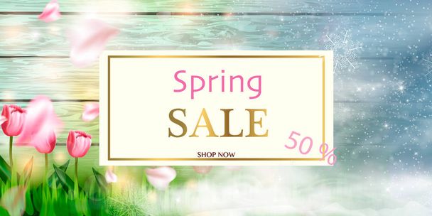Spring sale background banner with beautiful colorful flower. - Vetor, Imagem