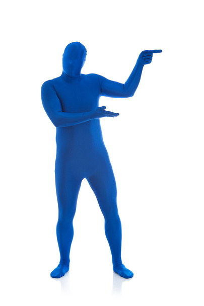 Blue: Man Gestures to Side - Φωτογραφία, εικόνα