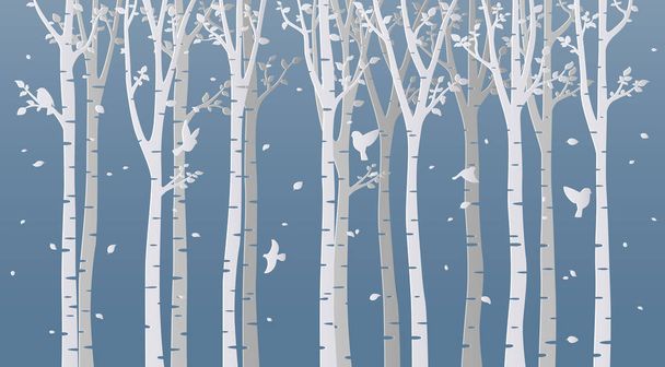 青色の背景に紙アート シラカバの木 - ベクター画像