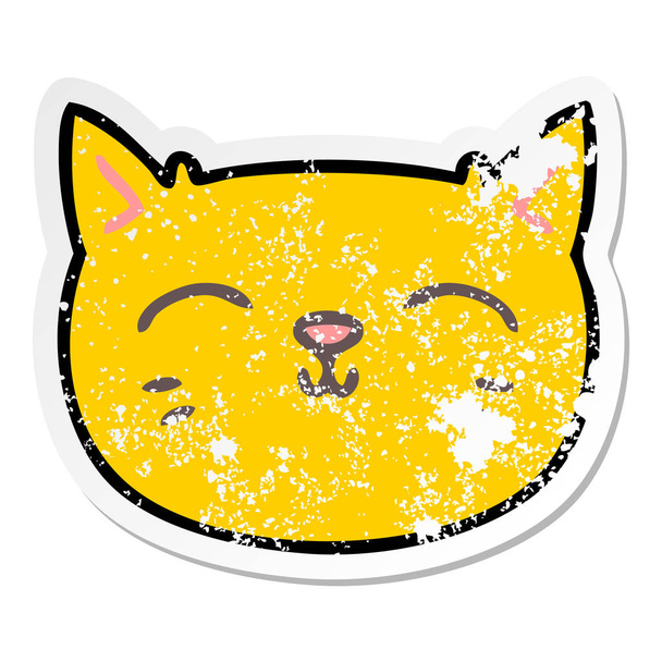 distressed sticker of a quirky hand drawn cartoon cat face - Vector, Image