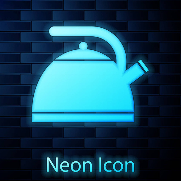 Parlayan neon çaydanlık, tuğla duvar arka planında izole edilmiş bir kulp simgesi. Çaydanlık ikonu. Vektör İllüstrasyonu - Vektör, Görsel