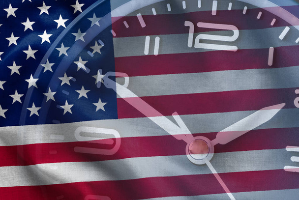 Composite of the American flag with a clock dial - Zdjęcie, obraz