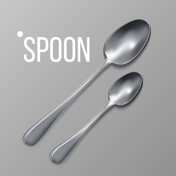 Spoon Vector. Silver Metal Spoon Top View. Restaurant Silverware Tool. Top View. 3D Realistic Illustration - Vector, Image