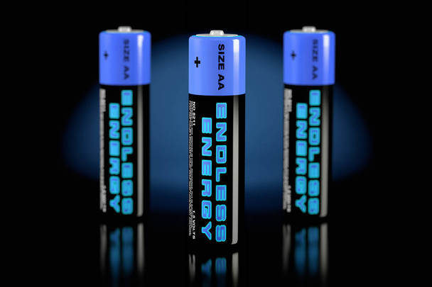 3D rendering of AA batteries, with text "endless energy" - Foto, Imagem