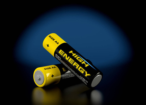 Generic AA Batteries with the text "High Energy"  - 3D Rendering - Foto, afbeelding