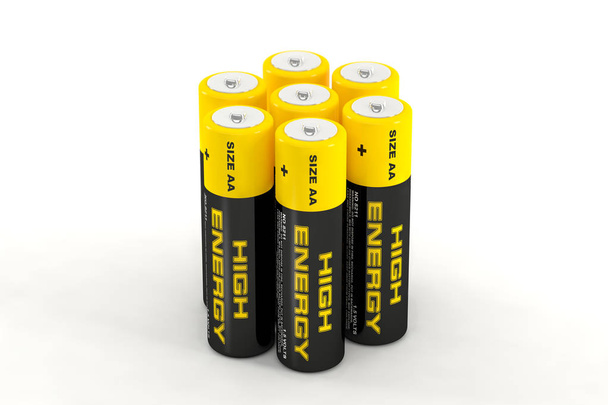 3D rendering of AA batteries, with text "High Energy" - Zdjęcie, obraz