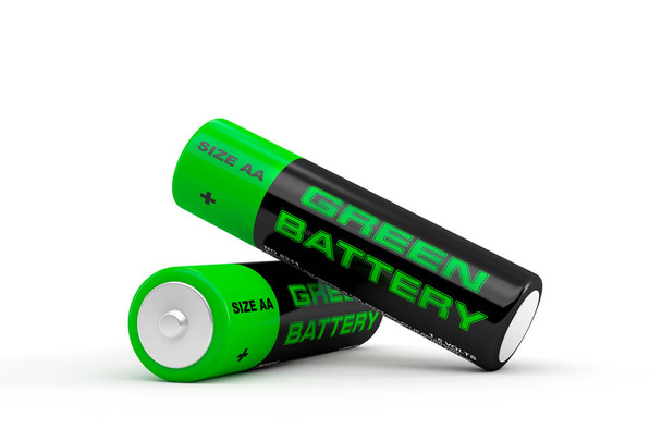 Generic AA Batteries, with text "Green Battery" - 3D rendering - 写真・画像