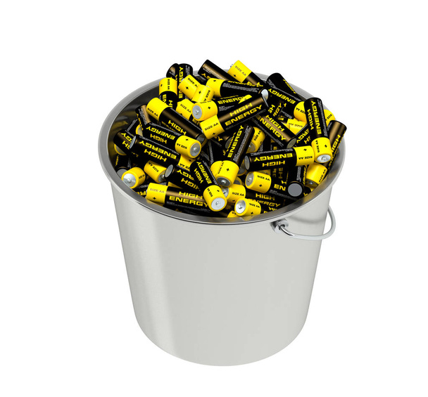 Batteries in a bucket - a lot of alkaline AA batteries in a tin bucket - isolated on white -  3D Rendering - Foto, imagen