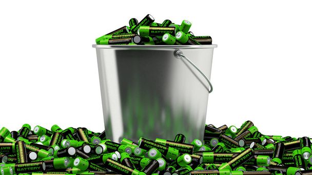 Baterias em um balde - um monte de pilhas AA alcalinas em um balde de lata - isolado em branco - 3D Rendering
 - Foto, Imagem