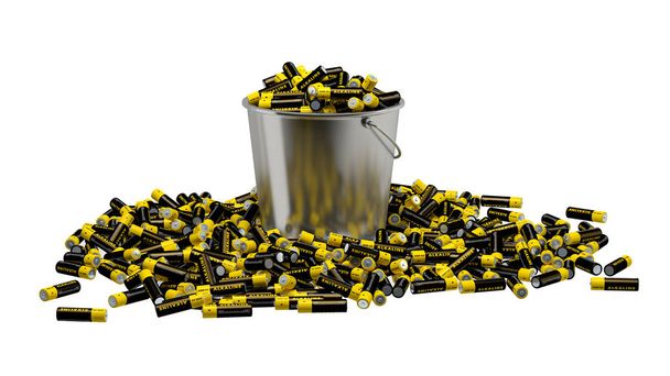 Batterijen in een emmer - een heleboel alkaline Aa batterijen in een tin emmer - geïsoleerd op wit - 3d Rendering - Foto, afbeelding