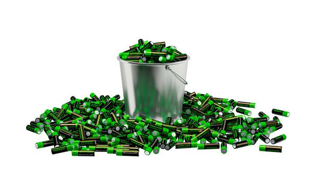 Batterien in einem Eimer - viele Alkaline-aa-Batterien in einem Blecheimer - isoliert auf weiß - 3D-Rendering - Foto, Bild