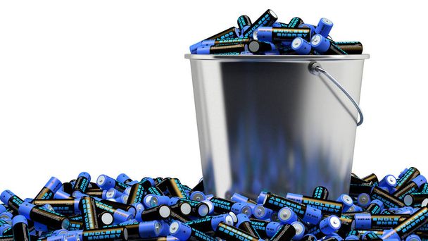 Batteries in a bucket - a lot of alkaline AA batteries in a tin bucket - isolated on white -  3D Rendering - Foto, imagen
