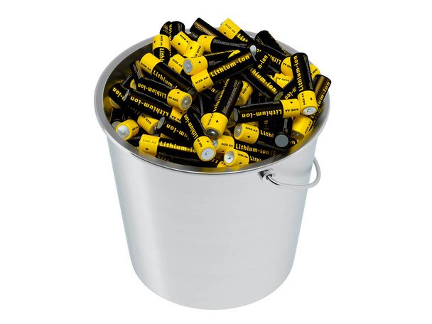 Baterias AA de íon de lítio em um balde - isolado em branco - 3D Rendering
  - Foto, Imagem