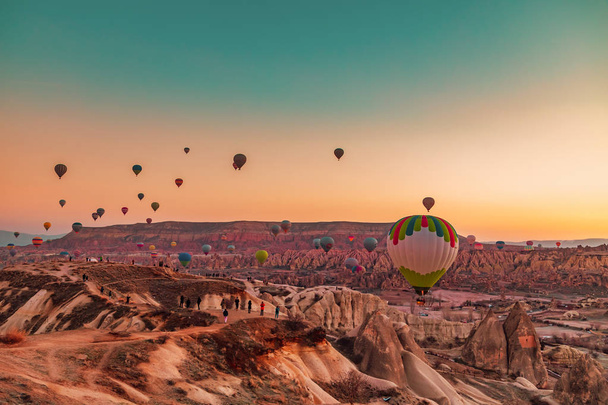 Magnificent dawn with hot air balloons.  - Photo, Image
