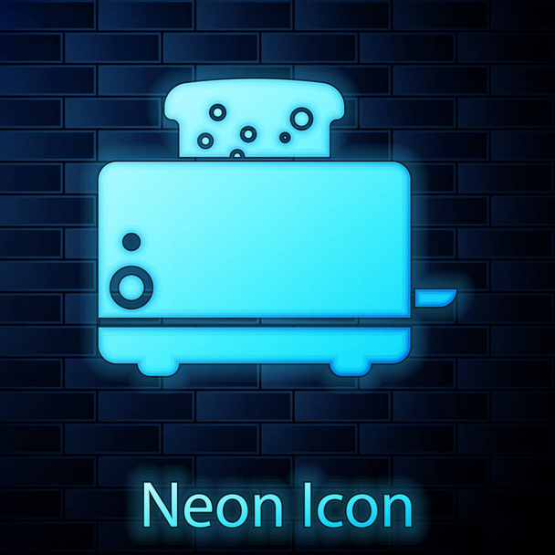leuchtender Neon-Toaster mit Toastsymbol isoliert auf Backsteinwand Hintergrund. Vektorillustration - Vektor, Bild