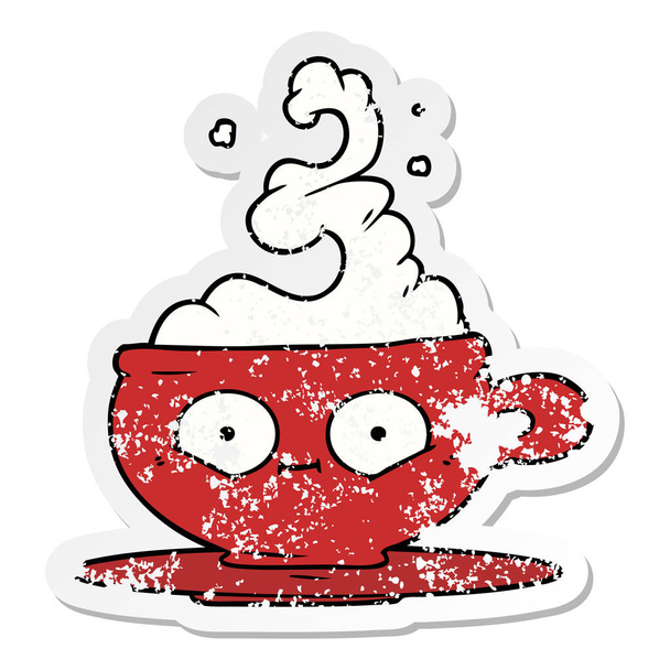 漫画の熱い一杯のコーヒーの苦しめられたステッカー - ベクター画像